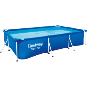 Kék Bestway Steel Pro téglalap alakú acélvázas medence fehér acélvázzal és vízzel.