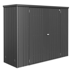 Biohort szerszámos szekrény 230-as méret, sötétszürke-metál, dupla ajtóval és függőleges bordákkal.