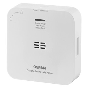 Fehér Osram Smart WiFi szén-monoxid érzékelő jelzőfényekkel és tesztgombbal az otthoni biztonságért.