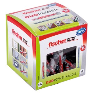 Fischer DuoPower 6x50 mm-es tiplik dobozban csavarokkal, különféle építőanyagokhoz.
