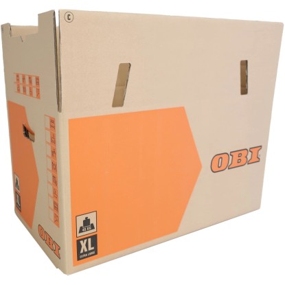 OBI költöztető doboz XL, 126 l, 45 kg, fogantyúkkal és feliratozási mezőkkel.