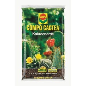 Compo Cactea kaktuszföld 5 l-es zsákban, kaktuszokkal illusztrálva. Speciális föld kaktuszok és pozsgások számára.