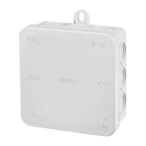 Szürke, falon kívüli kötődoboz 85x85mm IP54 sorkapoccsal, beltéri és kültéri használatra.