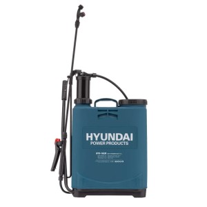 Hyundai nyomáspermetező, kék, pumpával és szórófejjel.