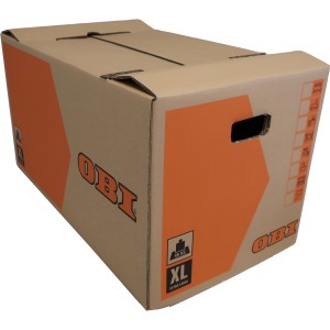 OBI költöztető doboz XL, 126 l, 45 kg-ig, fogantyúkkal és feliratozási mezőkkel.