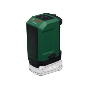 Robusztus Bosch akkus Bluetooth hangszóró UniversalSpeaker 18V-1 zöld-fekete színben, ráccsal és kezelőpanellel.