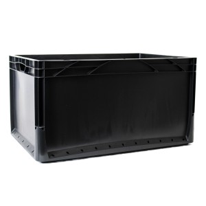 Fekete Eurobox 60x40x32 cm tömör falú, robusztus tárolódoboz moduláris rendszerező rendszerekhez.