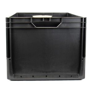 Fekete Eurobox 60x40x32 cm zárt falú, robusztus tárolódoboz moduláris rendszerekhez.