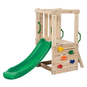 Swing King Mari fa létra zöld csúszdával és színes kövekkel ellátott mászófallal.