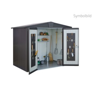 Biohort Europa fém kerti ház sötétszürke metál, nyitva dupla ajtóval, polcrendszerrel és rendezett eszközökkel.