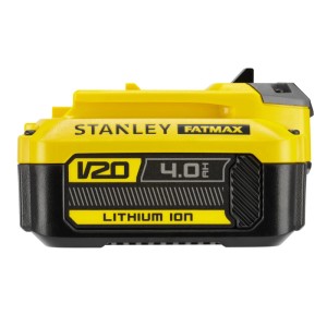 Sárga Stanley Fatmax V20 lítium-ion akkumulátor 18V/4Ah szerszámokhoz. Robusztus kialakítás logóval és kapacitással.