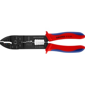 Knipex krimpelő fogó, 240 mm, többkomponensű markolattal, vágáshoz, csupaszításhoz és krimpeléshez.