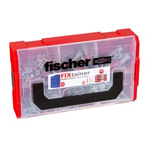 Fischer FIXtainer dübel és csavar választék doboz, piros doboz átlátszó fedéllel.