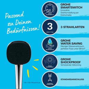 Grohe Vitalio Comfort 110 kézi zuhany, króm, szögletes, 3 sugárral és Quickfix rendszerrel.