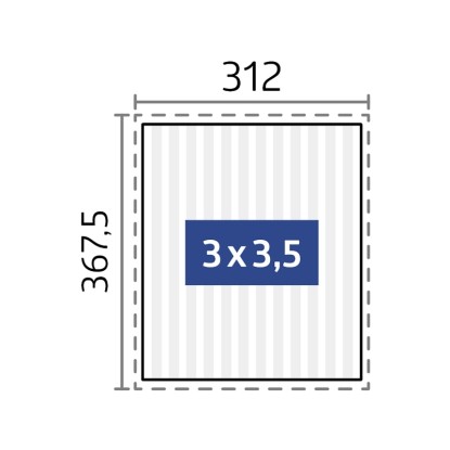 A fehér színű, 3x3,5 m-es Biohort pergola vázlata méretekkel. Ideális teraszfedéshez.