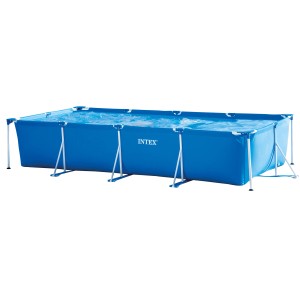 Kék Intex Frame Pool Family, 450x220x84 cm, acélvázzal és vízzel feltöltve.