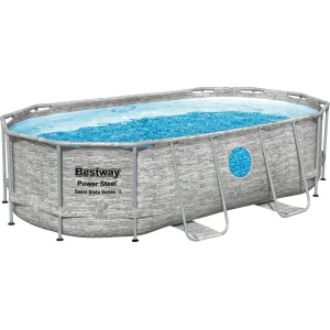 Bestway Power Steel ovális acélvázas medence, 427x250x100 cm, kőfal mintázattal.