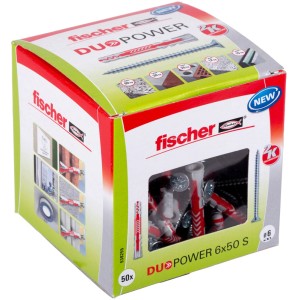Fischer DuoPower 6x50 mm-es tipli csavarokkal csomagolás. Univerzális tipli a biztonságos tartáshoz sok építőanyagban.
