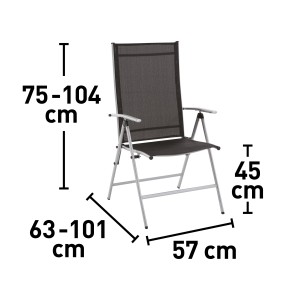 Suriname összecsukható szék méretekkel: magasság 75-104 cm, szélesség 57 cm, mélység 63-101 cm, ülésmagasság 45 cm.