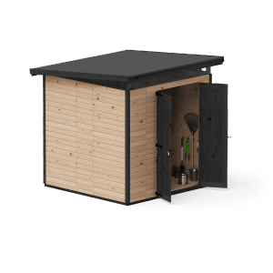 Barna Upyard Strongbox L kerti ház nyitott dupla ajtókkal és kerti szerszámokkal.