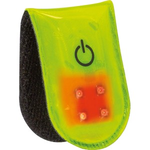 Sárga LED-es biztonsági lámpa útközben tépőzárral és be-/kikapcsolóval.