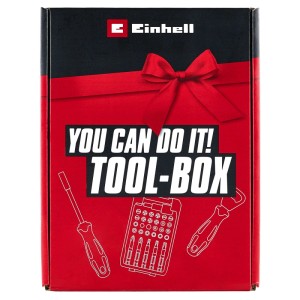 Piros Einhell Toolbox ajándékdoboz 32 részes bitkészlettel, csavarhúzóval és sörnyitóval sokoldalú csavarozáshoz.