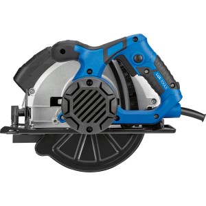 Kék LUX E-HKS-1400/185 kézi körfűrész ezüst színű fűrészlappal és fekete kábellel.
