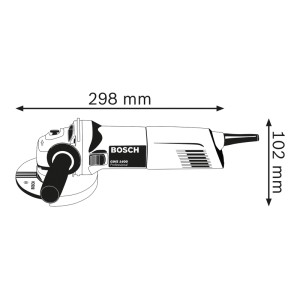 Bosch Professional GWS 1400 sarokcsiszoló, 125 mm. Műszaki rajz méretekkel: 298x102 mm.