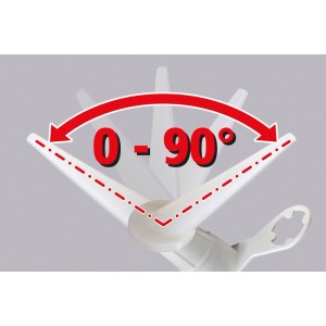 wolfcraft csuklós kinyomópisztoly: Fehér fúvóka piros nyíllal, 0-90° szögállítást mutat fugázáshoz.
