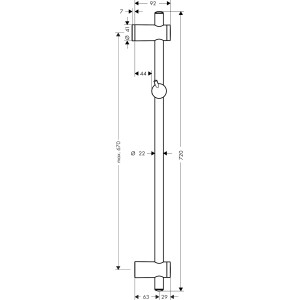 Műszaki rajz: Hansgrohe Unica Reno zuhanyrúd 72 cm, króm, méretekkel.