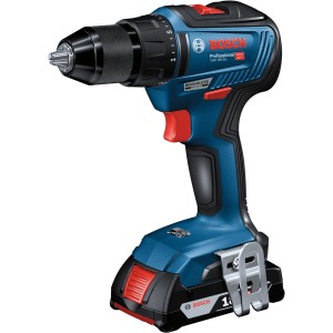 Bosch Professional GSR 18V-55 akkus fúrócsavarozó akkumulátorral. Kék akkus csavarhúzó bit tartóval.