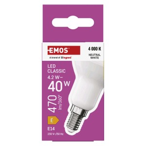 E14 LED izzó dobozban: 4.2W, semleges fehér, 4000K. Energiatakarékos LED lámpa E14 foglalathoz.