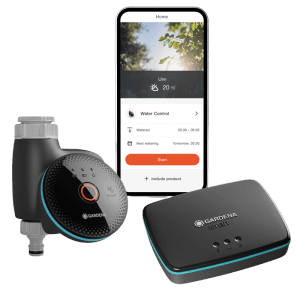 Gardena Smart Water Control szett átjáróval és okostelefon-alkalmazással az öntözés vezérléséhez.