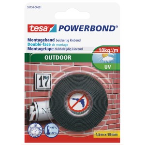 Tesa Powerbond kültéri szerelőszalag, 1,5 m x 19 mm, kőhöz, fémhez és műanyagokhoz. Erős kültéri tartás.