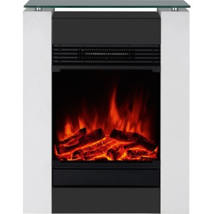 Fehér Glasbury Fire elektromos kandalló LED lánghatással, biztonsági üveg előlappal és fa megjelenéssel.