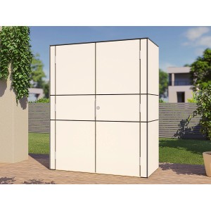 Fehér Bertilo kerti szekrény HPL Highboard (155x75x193cm) a kertben.