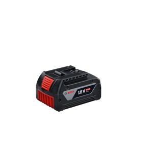Fekete Bosch Professional 18V 5Ah akkumulátor piros részletekkel, elektromos szerszámokhoz. Hosszú üzemidő.