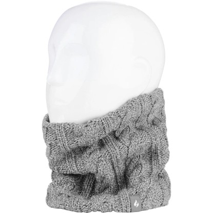 Szürke melírozott Heat Holders női nyakmelegítő kábelkötött mintával.