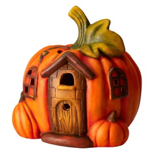 Dekoratív terrakotta tök figura LED-del, narancssárga, ház alakú ajtóval és ablakokkal, őszi és Halloween dekorációhoz.