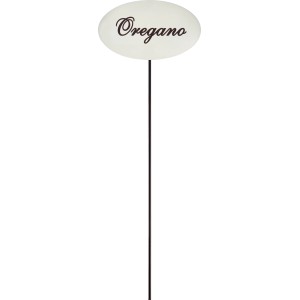 Zománc fehér fűszernövény jelölő, 30 cm, oregano felirattal a kertbe.