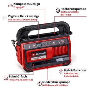 Einhell Power X-Change Pressito 18/25 hibrid kompresszor, piros/fekete. Akkumulátoros és hálózati működéshez.