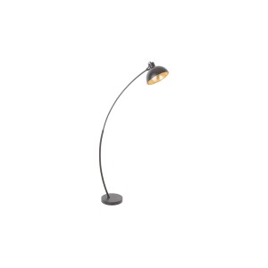 Elegáns fekete design állólámpa ívelt karral és arany lámpabúrával.