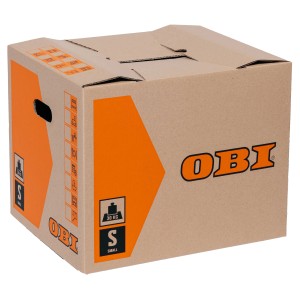 OBI költöztető doboz S, 50 l, terhelhetőség 30 kg-ig, fogantyúkkal és feliratozási mezőkkel.