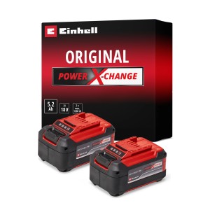 Einhell Akku 18V 5,2Ah PXC 2 darabos akkumulátor szett elektromos szerszámokhoz: Két piros és fekete akkumulátor Power X-Change logóval.