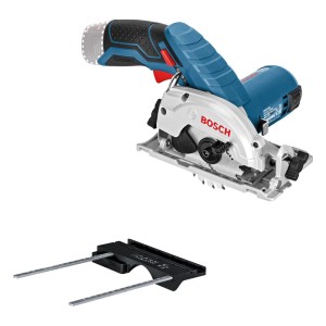 Bosch Professional GKS 12 V-26 akkus körfűrész kék/ezüst színben, fűrészlappal és párhuzamvezetővel.