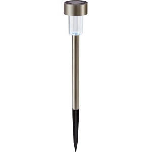 Ezüst színű szolár kerti lámpa, 40 cm magas, hideg fehér LED fénnyel.