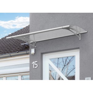 Rozsdamentes acél és átlátszó akrilüvegből készült pulttető, 150 cm széles, bejárati ajtó fölé szerelve.