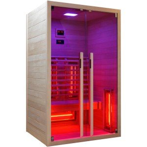 Sanotechnik Ruby 2 infraszauna 2 személyre, hemlock fából, üveg előlappal és színes fénnyel.