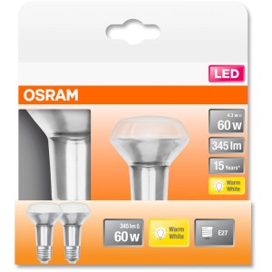 Osram LED reflektor izzó E27, R63, 4,3W, 2 db-os szett. Meleg fehér fény lakóterekbe.