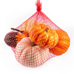 Dísztök keverék hálóban: Őszi dekoráció narancs, fehér és zöld tökökkel.